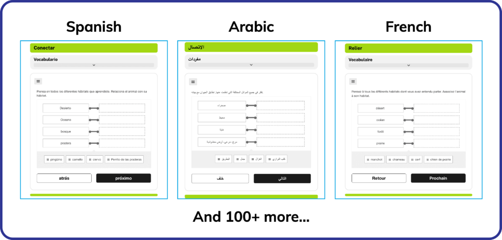 Side by side comparison of Spanish, Arabic, and French translations in Expedition: Learn!